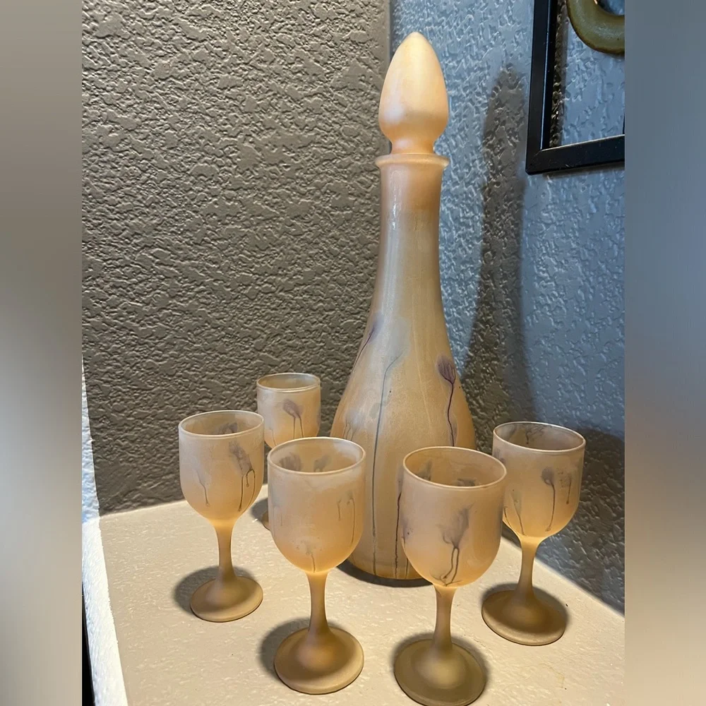 Vintage 7 Pc Rueven Nouveau Art Glass Frosted Wine Water Decanter & glasses - Picture 8 of 8